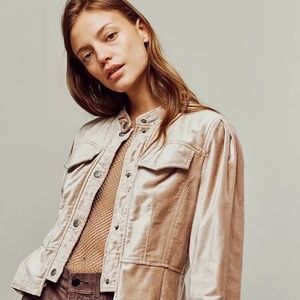 Free People Champagne Ballet Racer Ruffle Crop Fitted Button Velvet Jacket NEW L